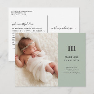 Green Monogram Foto Newborn Aankondiging Briefkaart