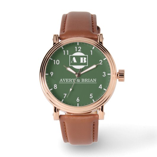Green Monogram names of the bride and groom  Horloge (Voorkant)