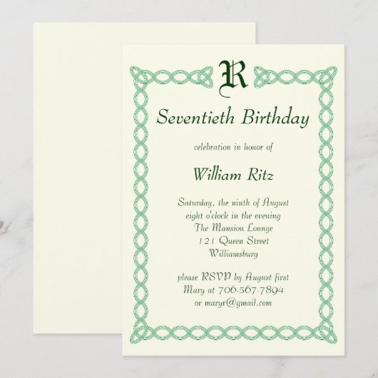 Green Monogrammed Birthday Invitation Kaart (Voorkant / Achterkant)