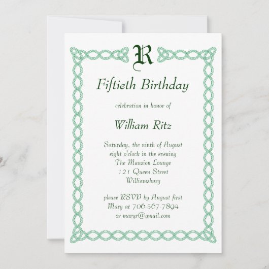 Green Monogrammed Birthday Invitation Kaart (Voorkant)