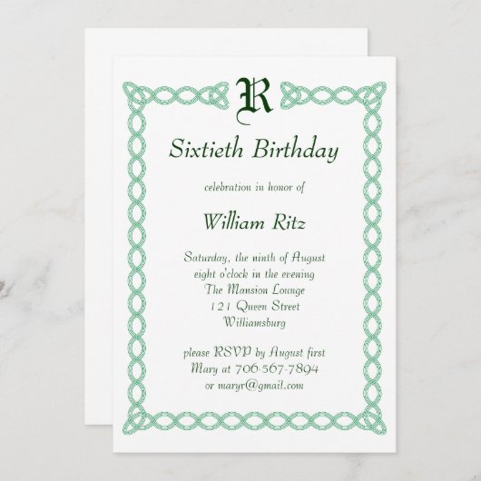 Green Monogrammed Birthday Invitation Kaart (Voorkant / Achterkant)