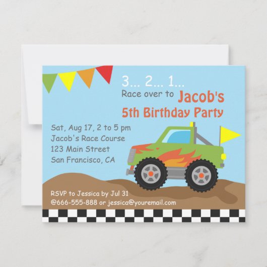 Green Monster Truck Birthday Party Kaart (Voorkant)