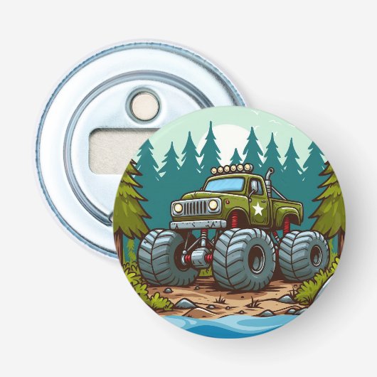 Green Monster Truck in het bos Button Flesopener (Voorkant)