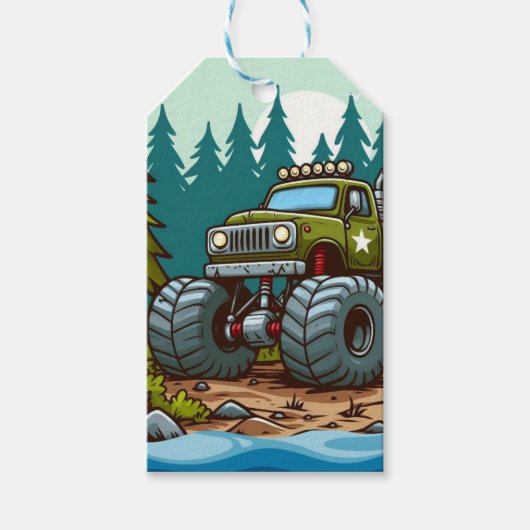 Green Monster Truck in het bos Cadeaulabel (Voorkant)