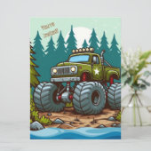 Green Monster Truck in het bos Feestdagenkaart (Staand voorkant)
