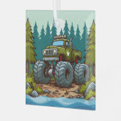 Green Monster Truck in het bos Glas Ornament (Voorkant links)