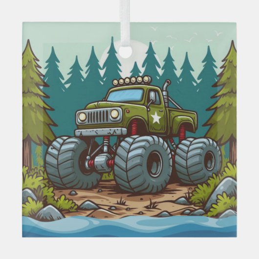 Green Monster Truck in het bos Glas Ornament (Voorkant)
