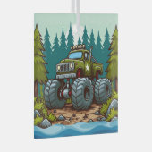 Green Monster Truck in het bos Glas Ornament (Voorkant Rechts)