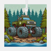 Green Monster Truck in het bos Glas Ornament (Achterkant)