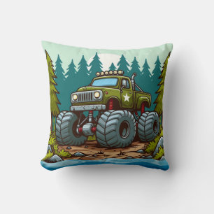 Green Monster Truck in het bos Kussen