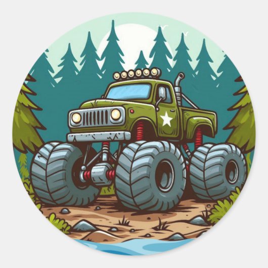 Green Monster Truck in het bos Ronde Sticker (Voorkant)