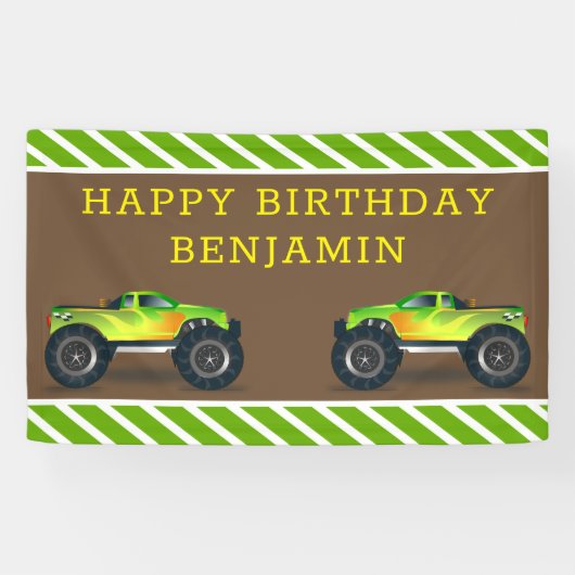 Green Monster Truck Kids Birthday Party Spandoek (Horizontaal)