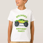 Green Monster Truck Kids Birthday Party T-shirt<br><div class="desc">Schattige T-shirt voor een monstertruck themafeest. Pas het aan met de naam van uw kind.</div>