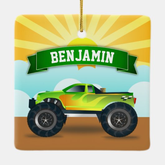 Green Monster Truck Persoonlijke naam Kinder Room Keramisch Ornament (Achterkant)
