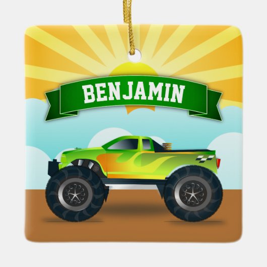 Green Monster Truck Persoonlijke naam Kinder Room Keramisch Ornament (Voorkant)