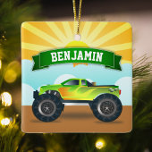Green Monster Truck Persoonlijke naam Kinder Room Keramisch Ornament