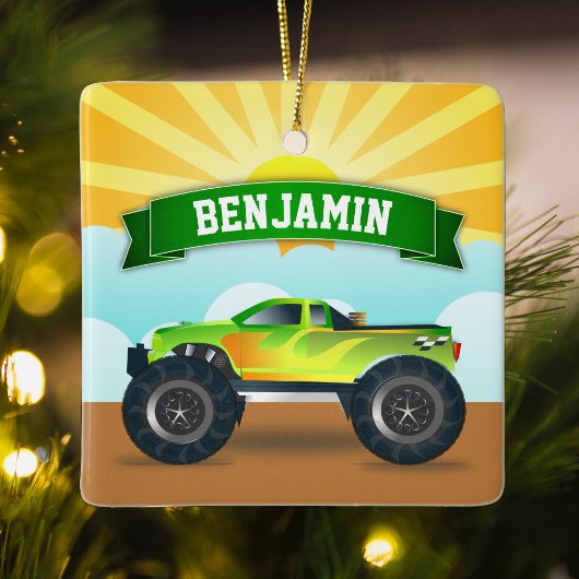 Green Monster Truck Persoonlijke naam Kinder Room Keramisch Ornament