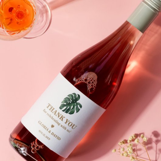 Green Monstera Leaf Wedding Sparkling Wijnetiket