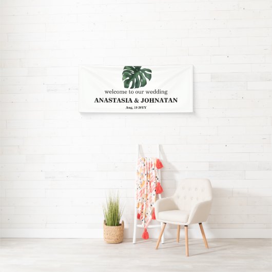 Green Monstera Leaf Wedding Welcome Banner (Insitu)