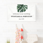 Green Monstera Leaf Wedding Welcome Banner (Insitu)