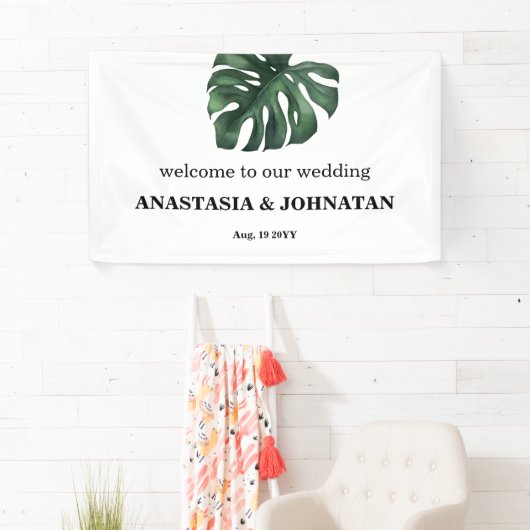 Green Monstera Leaf Wedding Welcome Banner (Insitu)