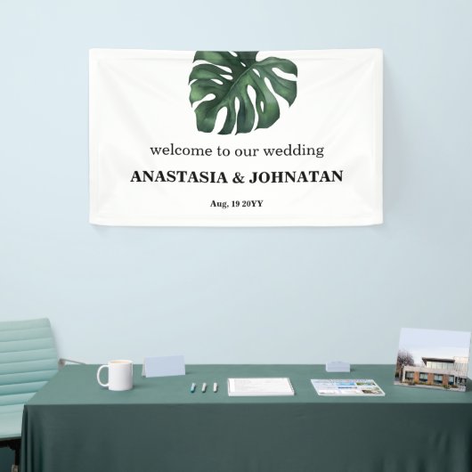 Green Monstera Leaf Wedding Welcome Banner (Beurs)