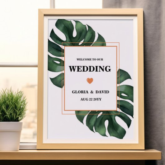 Green Monstera Leaf Welcome Wedding Poster