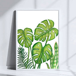 Green Monstera Leaves Drawing Colored Pencil Art Poster