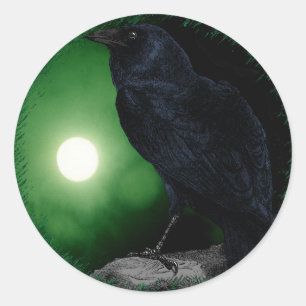 Green Moon Black Raven Gothic Halloween Animal Ronde Sticker
