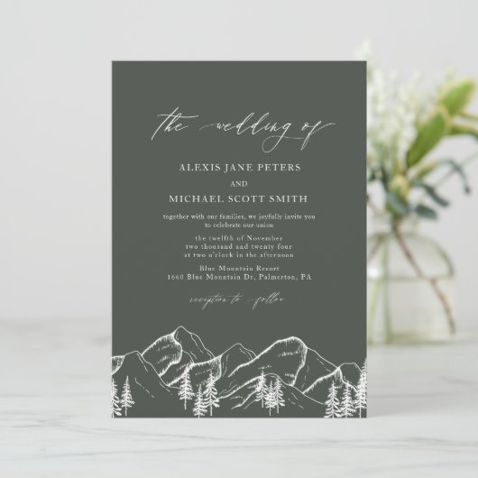 Green Mountains Outdoor Pine Tree Bruiloft Kaart (Staand voorkant)