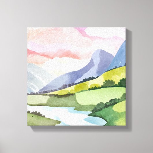 Green Mountainside Sunrise | Waterverf Canvas Afdruk (Voorkant)