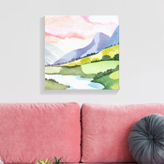 Green Mountainside Sunrise | Waterverf Canvas Afdruk (Insitu (Woonkamer))