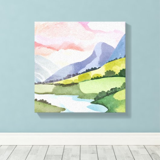 Green Mountainside Sunrise | Waterverf Canvas Afdruk (Insitu (Houten vloer))