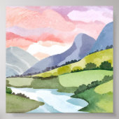 Green Mountainside Sunrise | Waterverf Poster (Voorkant)