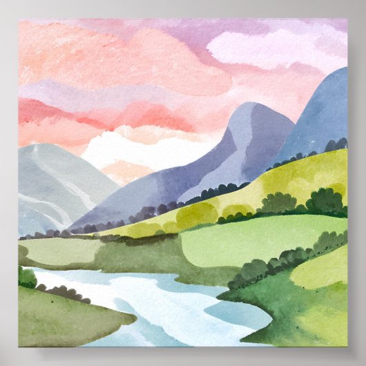 Green Mountainside Sunrise | Waterverf Poster (Voorkant)