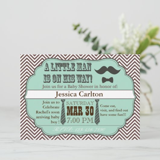 Green Mustache & Stropdassen Baby Shower-uitnodigi Kaart (Staand voorkant)