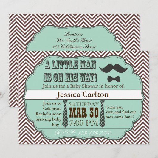 Green Mustache & Stropdassen Baby Shower-uitnodigi Kaart (Voorkant / Achterkant)