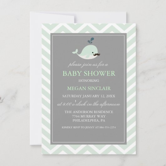 Green Mustache Whale Boy Baby shower Uitnodiging (Voorkant)