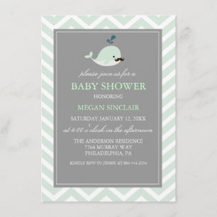 Green Mustache Whale Boy Baby shower Uitnodiging