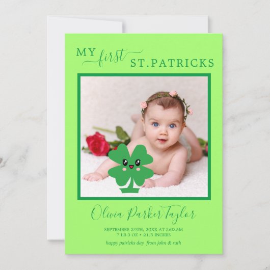 Green My First Patricks Baby Birth Photo Holiday Kaart (Voorkant)