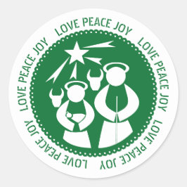 Green Natitivity Scene Love, Peace, Joy Kerstmis Ronde Sticker
