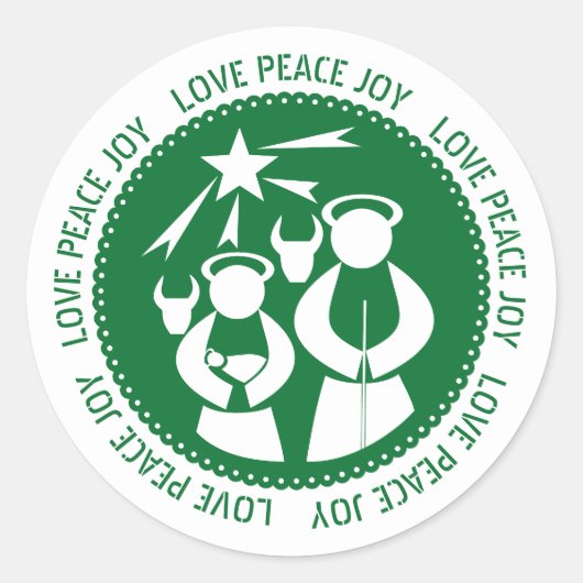 Green Natitivity Scene Love, Peace, Joy Kerstmis Ronde Sticker (Voorkant)