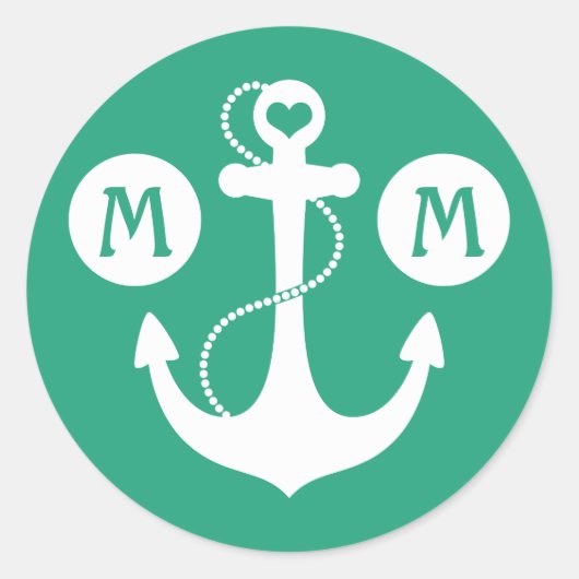 Green Nautical Monogram Ronde Sticker (Voorkant)