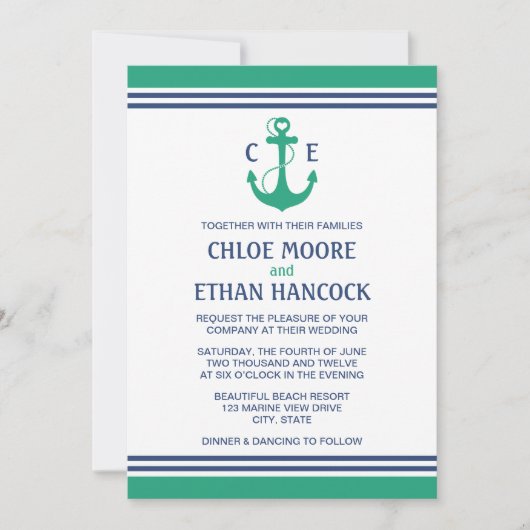 Green Nautical Wedding Invitations Kaart (Voorkant)