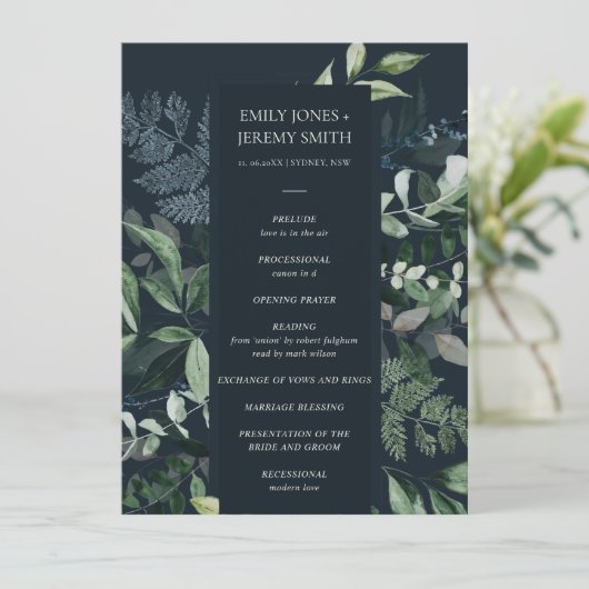 Green Navy Black Leafy Foliage Wedding Programme Programmakaart (Staand voorkant)