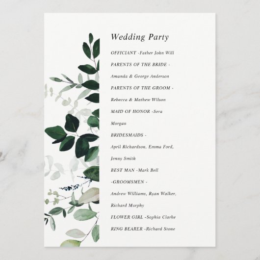 Green Navy Black Leafy Foliage Wedding Programme Programmakaart (Achterkant)