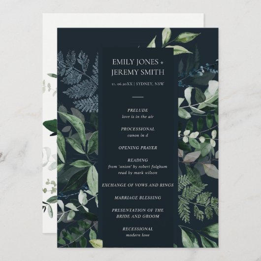Green Navy Black Leafy Foliage Wedding Programme Programmakaart (Voorkant / Achterkant)