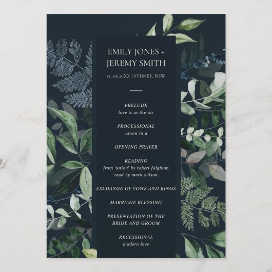 Green Navy Black Leafy Foliage Wedding Programme Programmakaart (Voorkant)