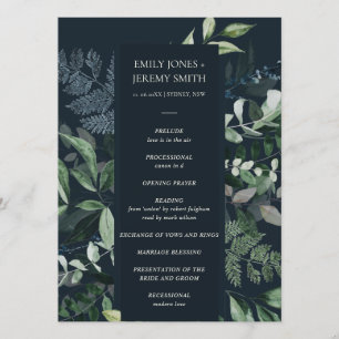 Green Navy Black Leafy Foliage Wedding Programme Programmakaart