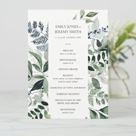 Green Navy Black Leafy Foliage Wedding Programme Programmakaart (Staand voorkant)